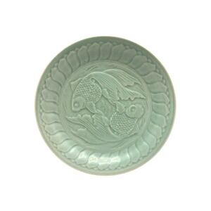 Vintage Chinese Longquan Celadon Koi Fish Plate Green Embossed Twin Fish 9 1/8"